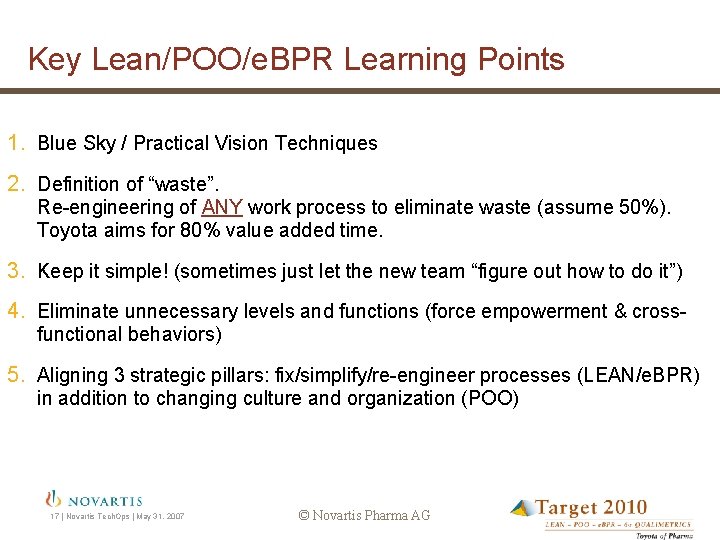 Key Lean/POO/e. BPR Learning Points 1. Blue Sky / Practical Vision Techniques 2. Definition