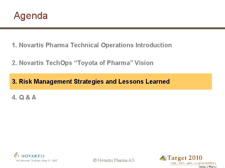 Agenda 1. Novartis Pharma Technical Operations Introduction 2. Novartis Tech. Ops “Toyota of Pharma”