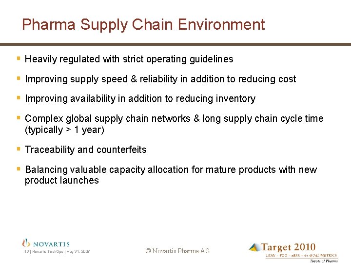 Pharma Supply Chain Environment § Heavily regulated with strict operating guidelines § Improving supply