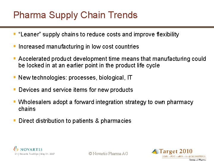 Pharma Supply Chain Trends § “Leaner” supply chains to reduce costs and improve flexibility