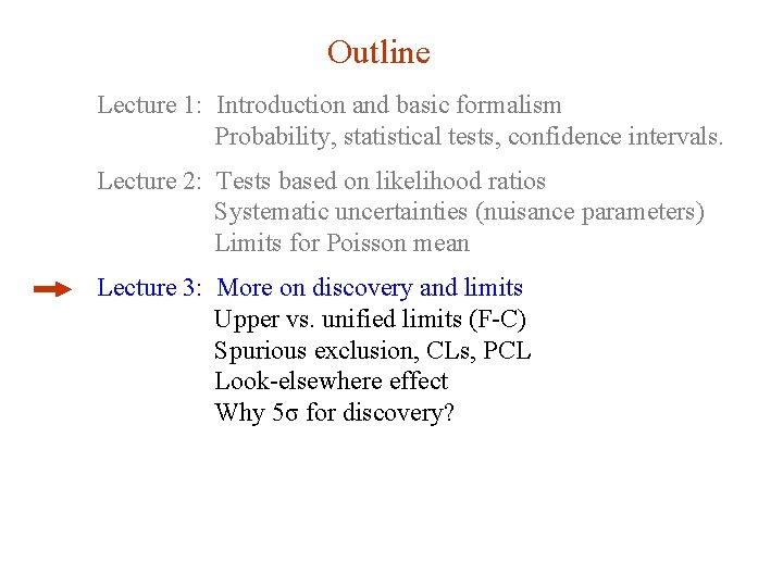 Outline Lecture 1: Introduction and basic formalism Probability, statistical tests, confidence intervals. Lecture 2: