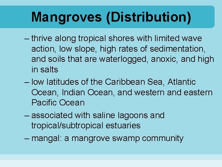 Mangroves (Distribution) – thrive along tropical shores with limited wave action, low slope, high
