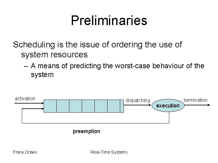 Preliminaries Scheduling is the issue of ordering the use of system resources – A