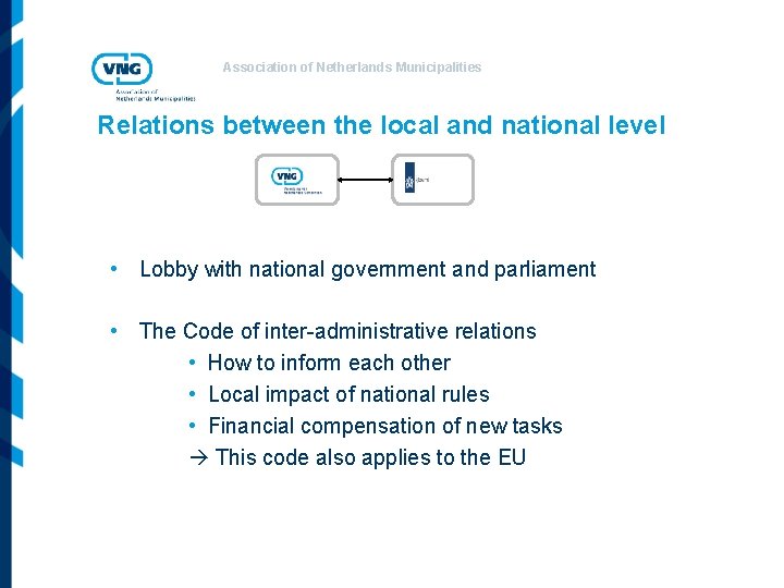 Association of Netherlands Municipalities Relations between the local and national level • Lobby with