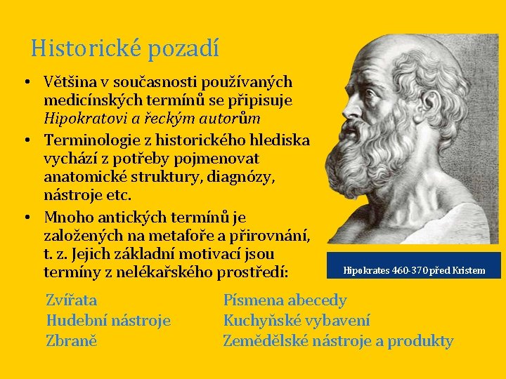 Historické pozadí • Většina v současnosti používaných medicínských termínů se připisuje Hipokratovi a řeckým