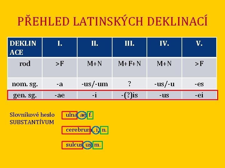 PŘEHLED LATINSKÝCH DEKLINACÍ DEKLIN ACE rod I. III. IV. >F M+N M+F+N M+N >F