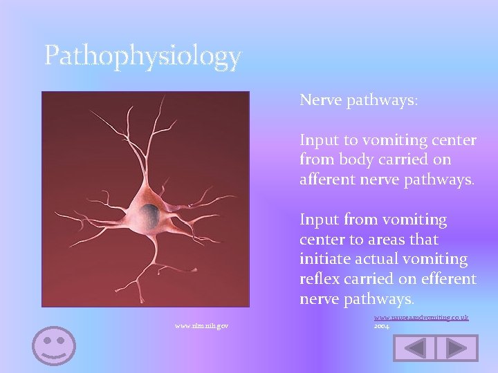 Pathophysiology Nerve pathways: Input to vomiting center from body carried on afferent nerve pathways.
