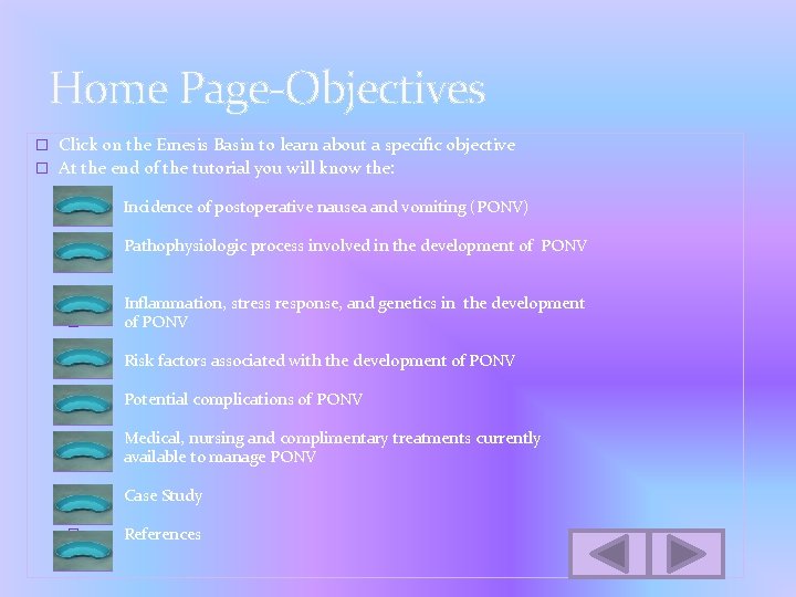 Home Page-Objectives � Click on the Emesis Basin to learn about a specific objective