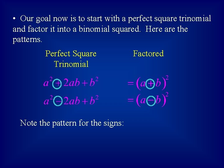  • Our goal now is to start with a perfect square trinomial and