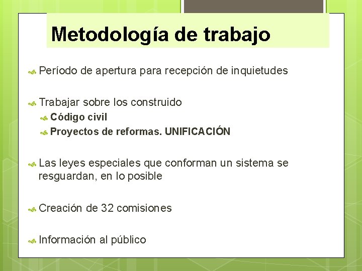 Metodología de trabajo Período de apertura para recepción de inquietudes Trabajar sobre los construido