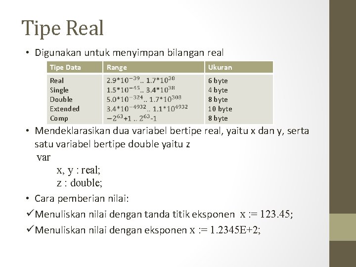 Tipe Real • Digunakan untuk menyimpan bilangan real Tipe Data Real Single Double Extended