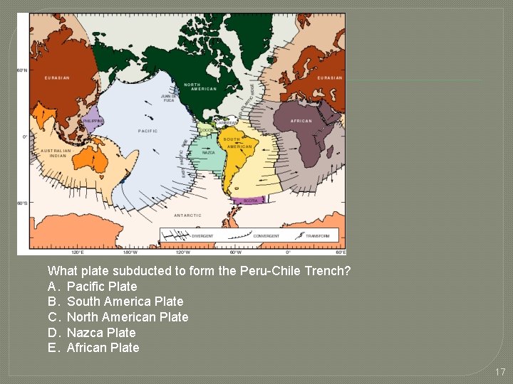 What plate subducted to form the Peru-Chile Trench? A. Pacific Plate B. South America