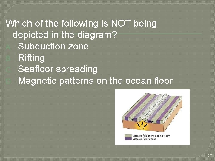 Which of the following is NOT being depicted in the diagram? A. Subduction zone