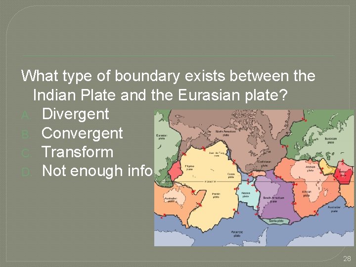 What type of boundary exists between the Indian Plate and the Eurasian plate? A.