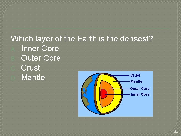 Which layer of the Earth is the densest? A. Inner Core B. Outer Core