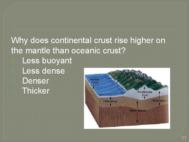 Why does continental crust rise higher on the mantle than oceanic crust? A. Less