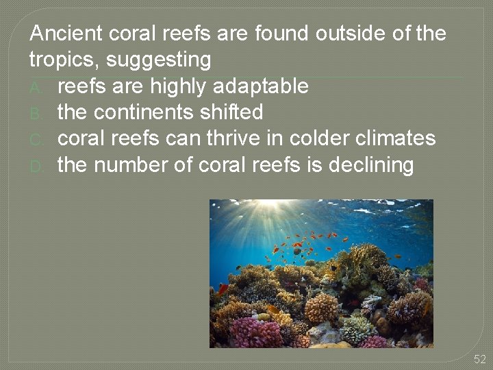 Ancient coral reefs are found outside of the tropics, suggesting A. reefs are highly