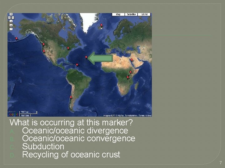 What is occurring at this marker? A. Oceanic/oceanic divergence B. Oceanic/oceanic convergence C. Subduction
