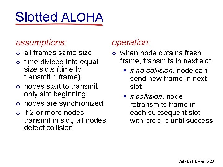 Slotted ALOHA assumptions: v v v all frames same size time divided into equal