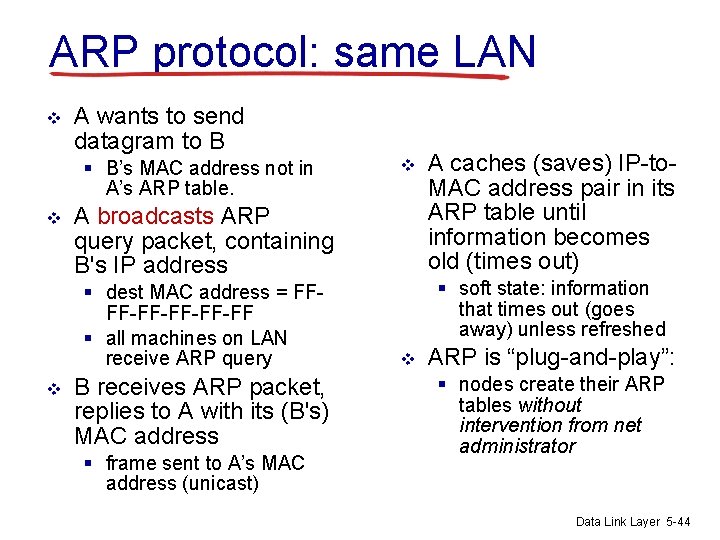ARP protocol: same LAN v A wants to send datagram to B § B’s