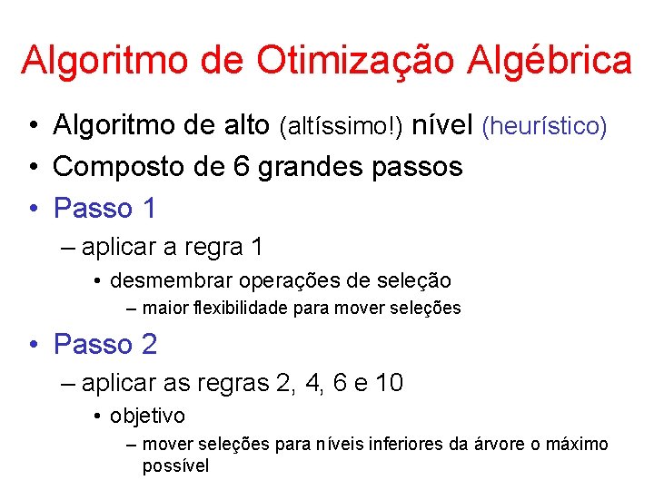 Algoritmo de Otimização Algébrica • Algoritmo de alto (altíssimo!) nível (heurístico) • Composto de