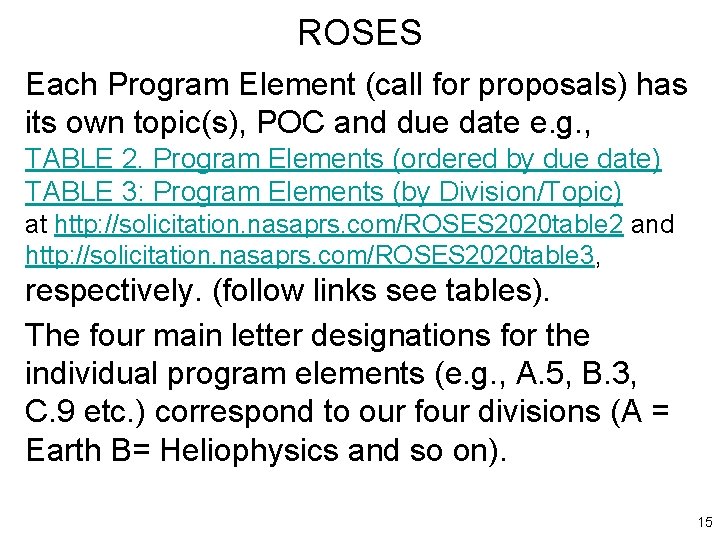 ROSES Each Program Element (call for proposals) has its own topic(s), POC and due