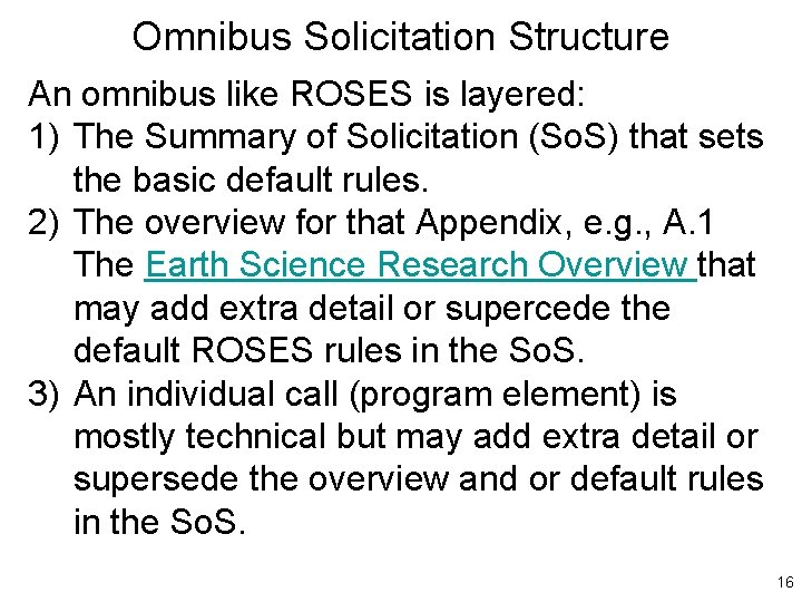 Omnibus Solicitation Structure An omnibus like ROSES is layered: 1) The Summary of Solicitation