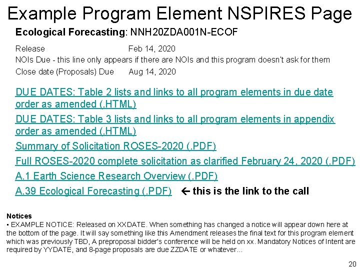 Example Program Element NSPIRES Page Ecological Forecasting: NNH 20 ZDA 001 N-ECOF Release Feb