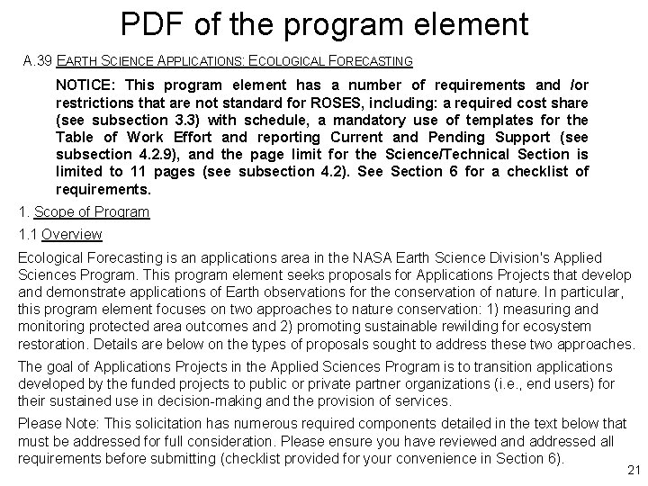 PDF of the program element A. 39 EARTH SCIENCE APPLICATIONS: ECOLOGICAL FORECASTING NOTICE: This