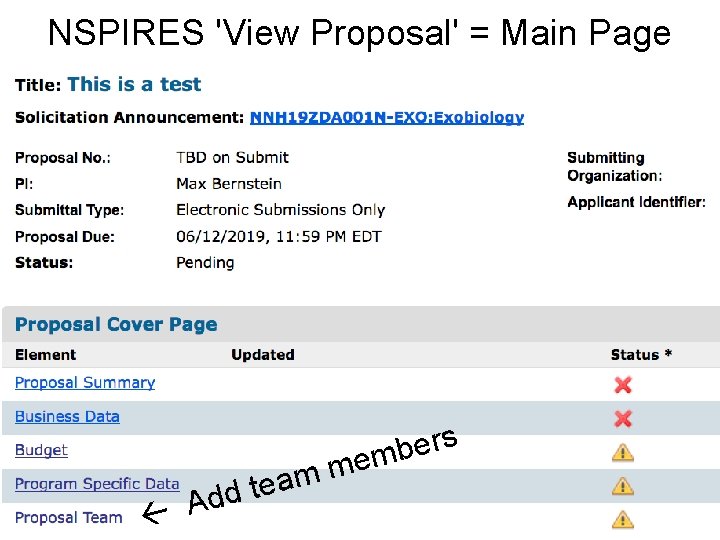 NSPIRES 'View Proposal' = Main Page m a e t d d A s