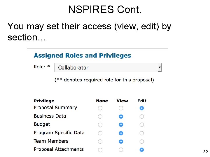 NSPIRES Cont. You may set their access (view, edit) by section… 32 