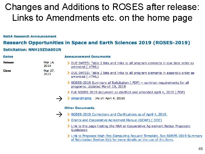 Changes and Additions to ROSES after release: Links to Amendments etc. on the home