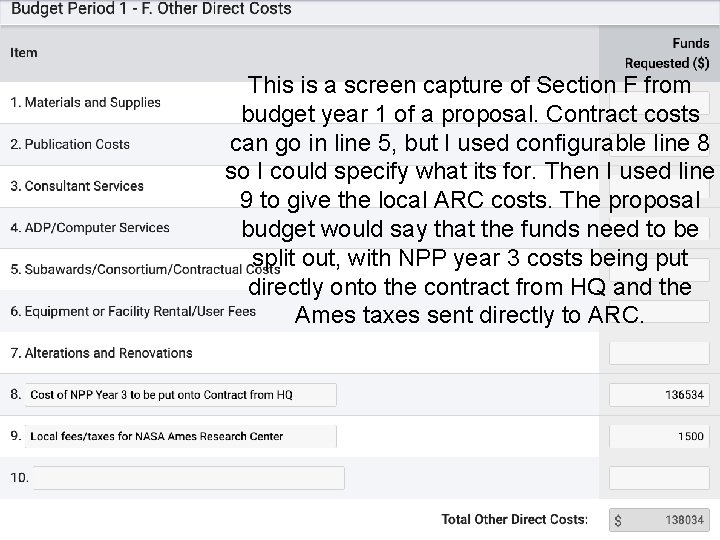 This is a screen capture of Section F from budget year 1 of a