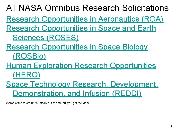 All NASA Omnibus Research Solicitations Research Opportunities in Aeronautics (ROA) Research Opportunities in Space