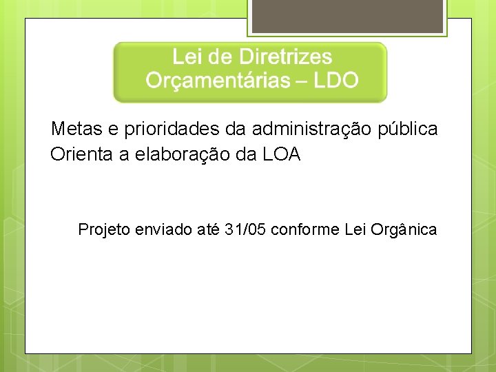 Metas e prioridades da administração pública Orienta a elaboração da LOA Projeto enviado até