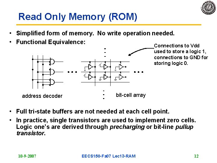 Read Only Memory (ROM) • Simplified form of memory. No write operation needed. •