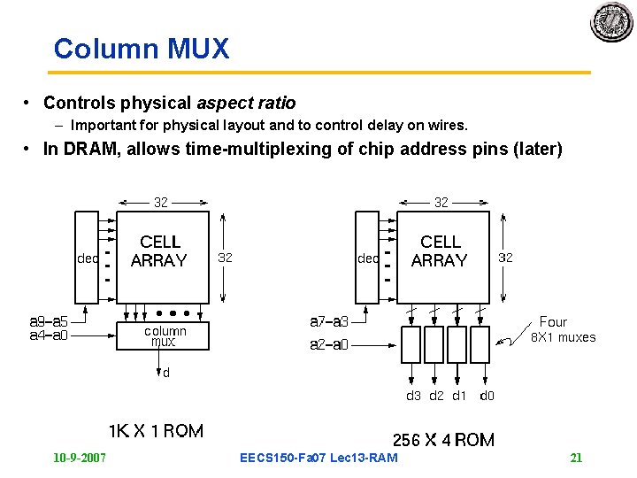 Column MUX • Controls physical aspect ratio – Important for physical layout and to