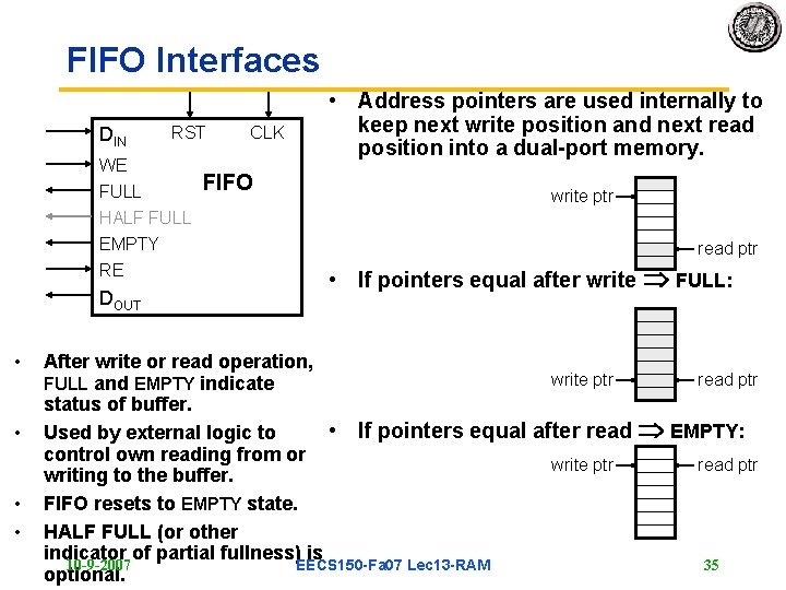 FIFO Interfaces DIN RST WE FULL HALF FULL EMPTY RE DOUT • • CLK