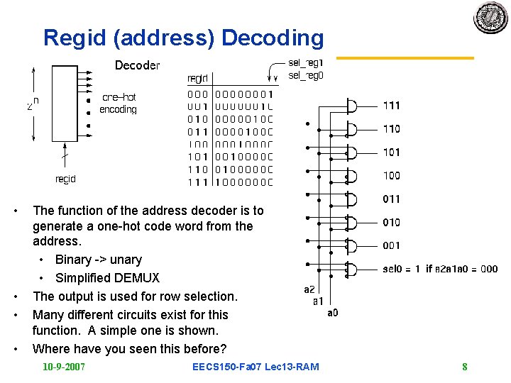 Regid (address) Decoding • • The function of the address decoder is to generate