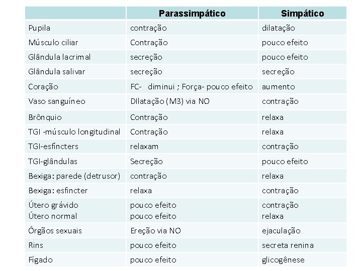 Parassimpático Simpático Pupila contração dilatação Músculo ciliar Contração pouco efeito Glândula lacrimal secreção pouco