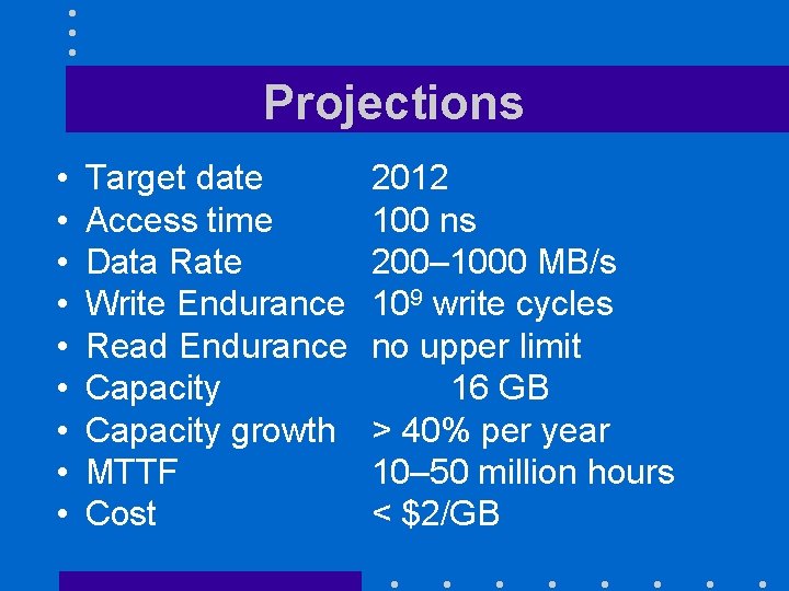 Projections • • • Target date Access time Data Rate Write Endurance Read Endurance