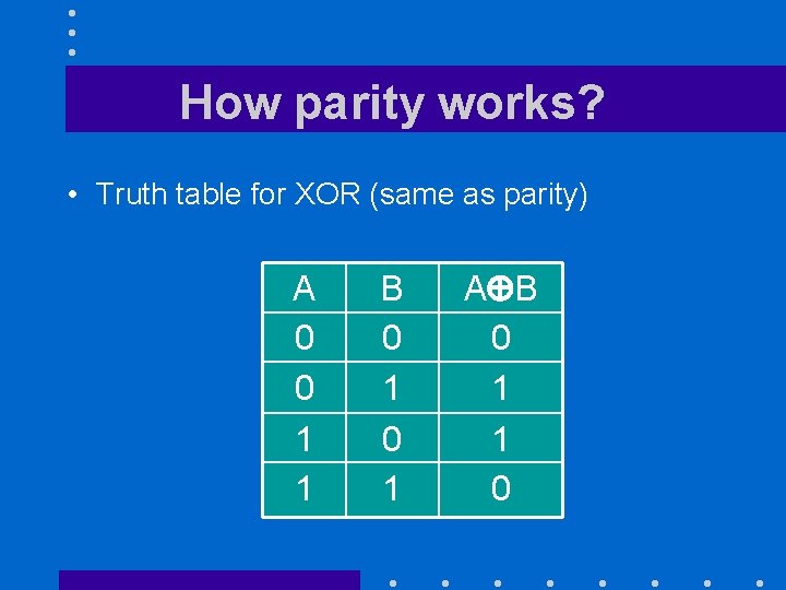 How parity works? • Truth table for XOR (same as parity) A 0 0