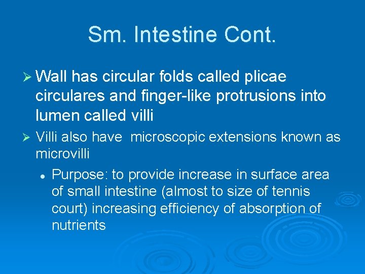 Sm. Intestine Cont. Ø Wall has circular folds called plicae circulares and finger-like protrusions