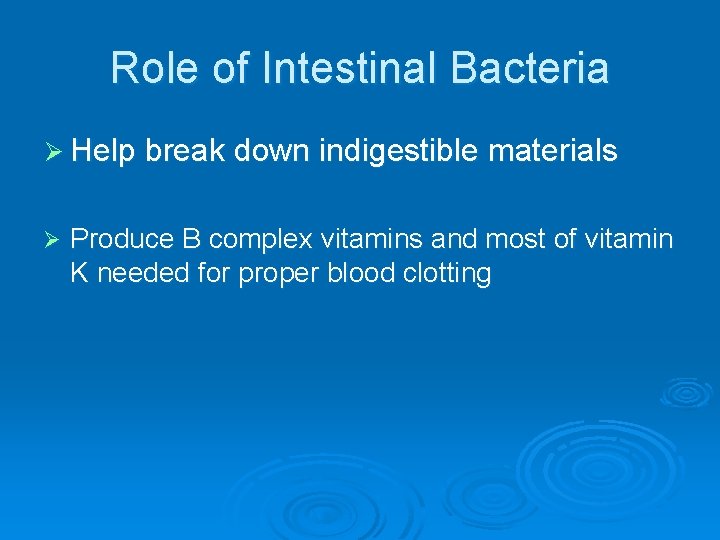 Role of Intestinal Bacteria Ø Help break down indigestible materials Ø Produce B complex