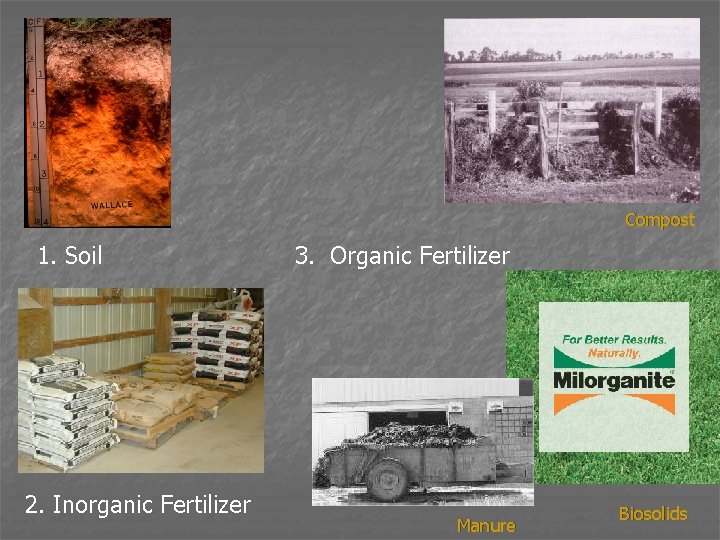 Compost 1. Soil 2. Inorganic Fertilizer 3. Organic Fertilizer Manure Biosolids 