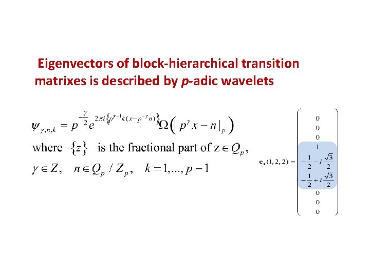 Eigenvectors of block-hierarchical transition matrixes is described by p-adic wavelets 
