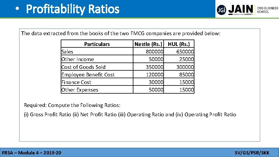  • Profitability Ratios The data extracted from the books of the two FMCG