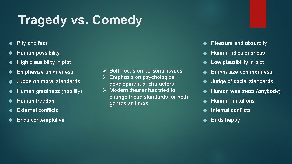 Tragedy vs. Comedy Pity and fear Pleasure and absurdity Human possibility Human ridiculousness High Tragedy vs. Comedy Pity and fear Pleasure and absurdity Human possibility Human ridiculousness High