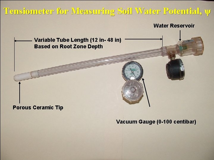 Tensiometer for Measuring Soil Water Potential, ψ Water Reservoir Variable Tube Length (12 in-