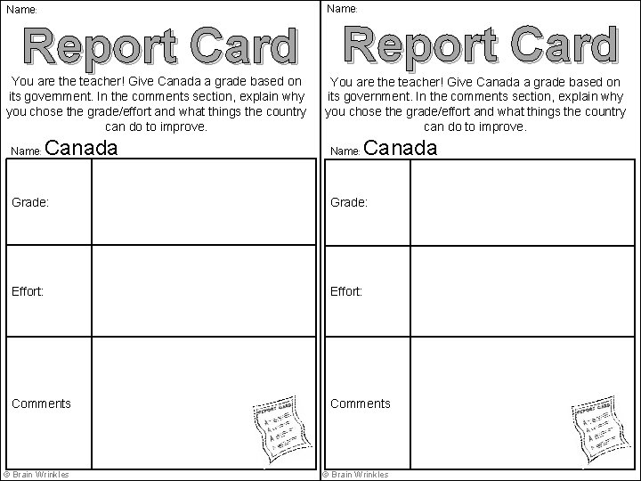 Name: Report Card You are the teacher! Give Canada a grade based on its